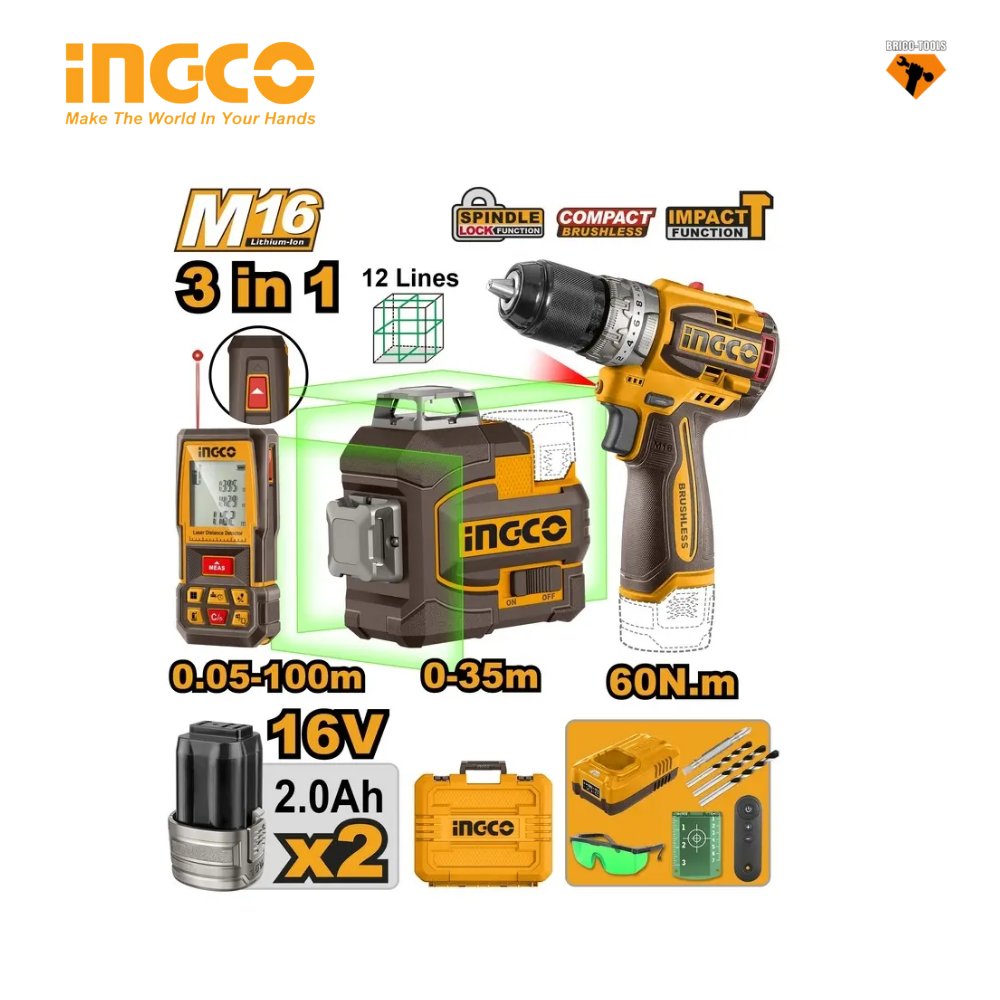 COMBO KIT 3EN1 ME 2 BATTERIES 16V/2.0AH INGCO COSLI250101