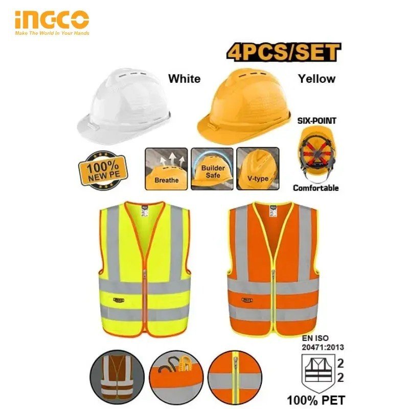 LOT DE 4 ARTICLES : CASQUES DE PROTECTION ET GILETS RÉFLÉCHISSANTS INGCO HSH9004