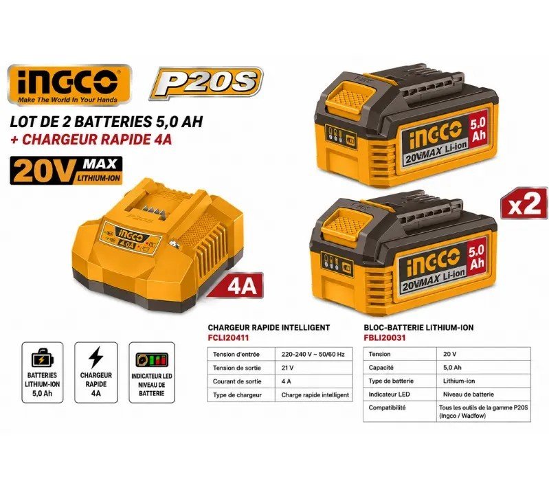 LOT DE 2 BATTERIES 5,0 AH + CHARGEUR 4A INGCO 20V – FBCPK2513