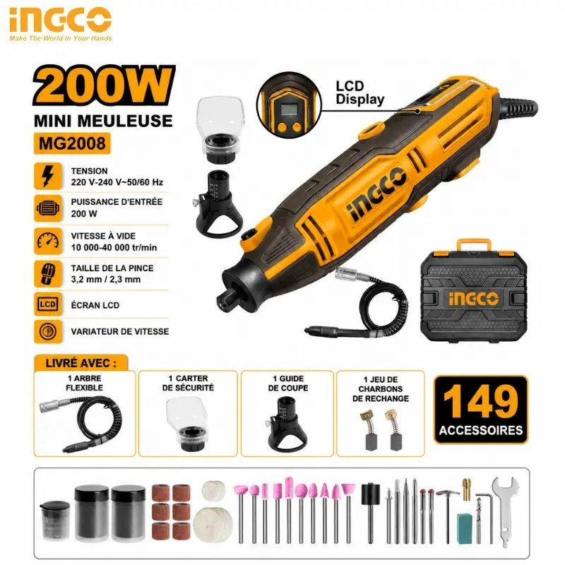 MINI MEULEUSE 200W AVEC 149 PIECES ACCESSOIRES INGCO MG2008