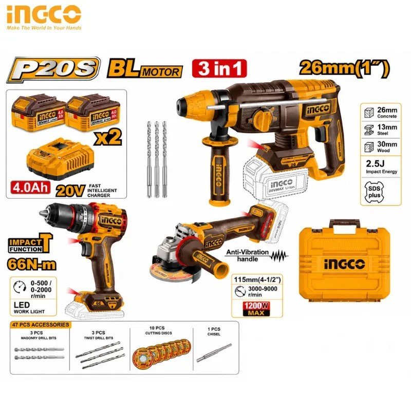 PACK 3 PCS INGCO MARTAUX + VISSEUSE + MEULE CKLI202598