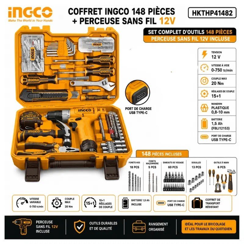 COFFRET INGCO 148 PIÈCES + PERCEUSE SANS FIL 12V HKTHP41482