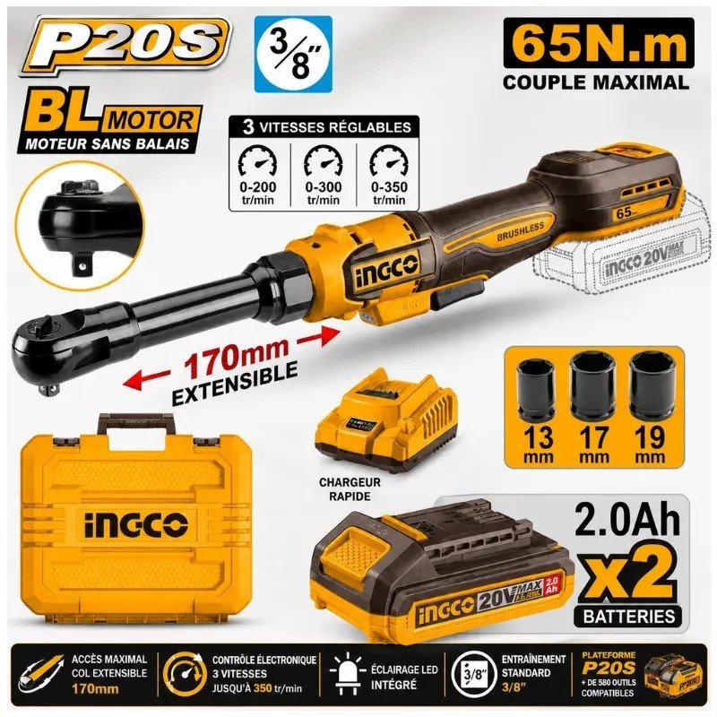 CLÉ À CLIQUET EXTENSIBLE SANS FIL 20V / 2 X 2,0 AH INGCO CDRLI2065292