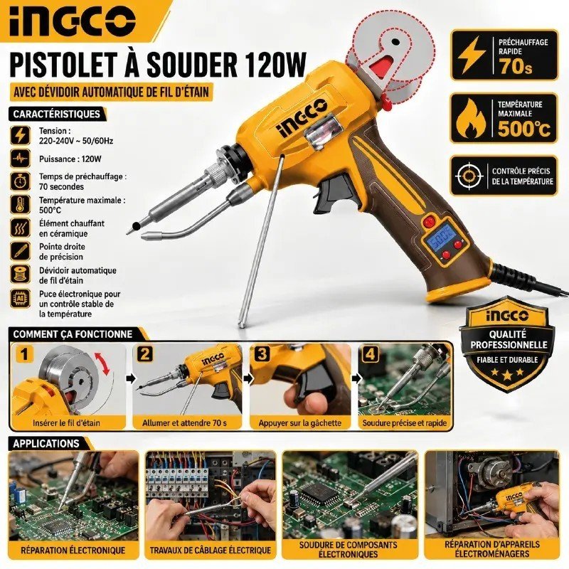PISTOLET FER À SOUDER AVEC DISTRIBUTEUR DE SOUDURE INGCO SI036732