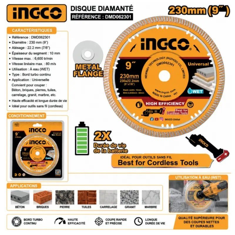 DISQUE DE COUPE DIAMANTÉ ULTRA-MINCE INGCO DMD062301