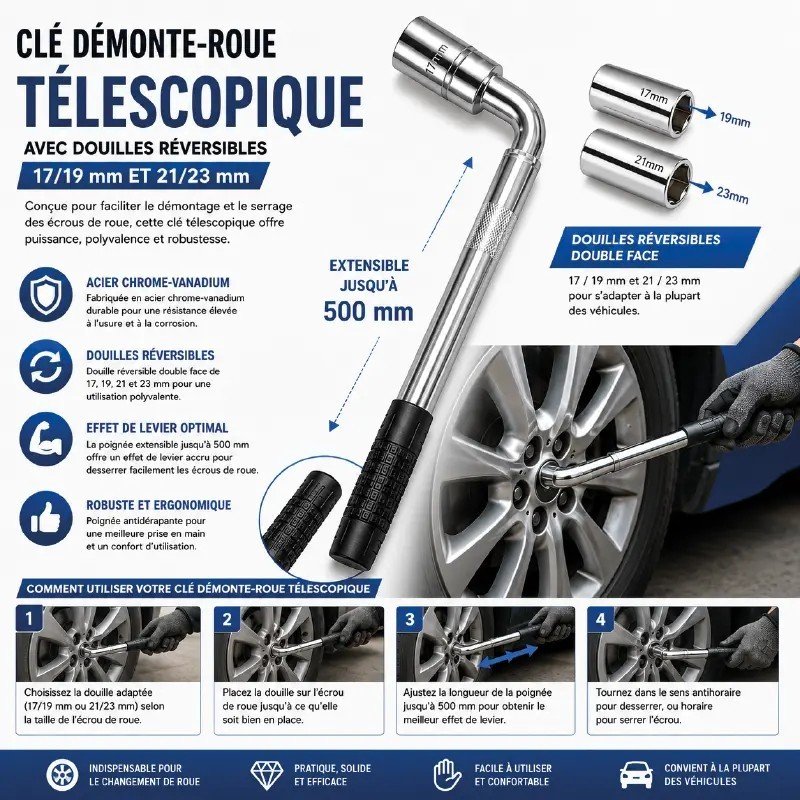 CLÉ DÉMONTE-ROUE TÉLESCOPIQUE