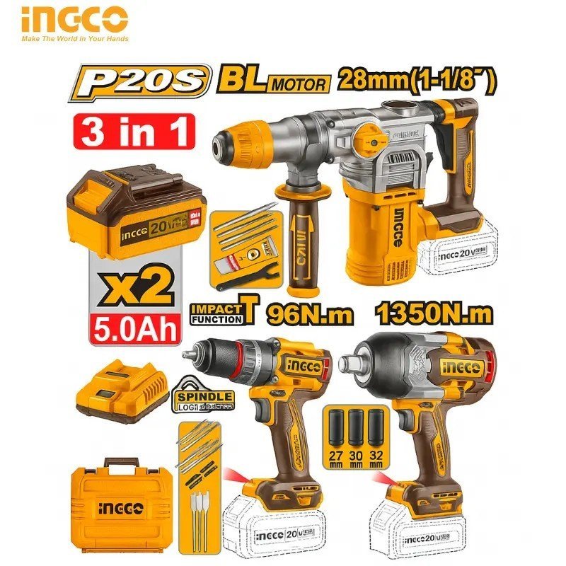 ENSEMBLE COMBINÉ 3 PIÈCES INGCO 20V COSLI250281